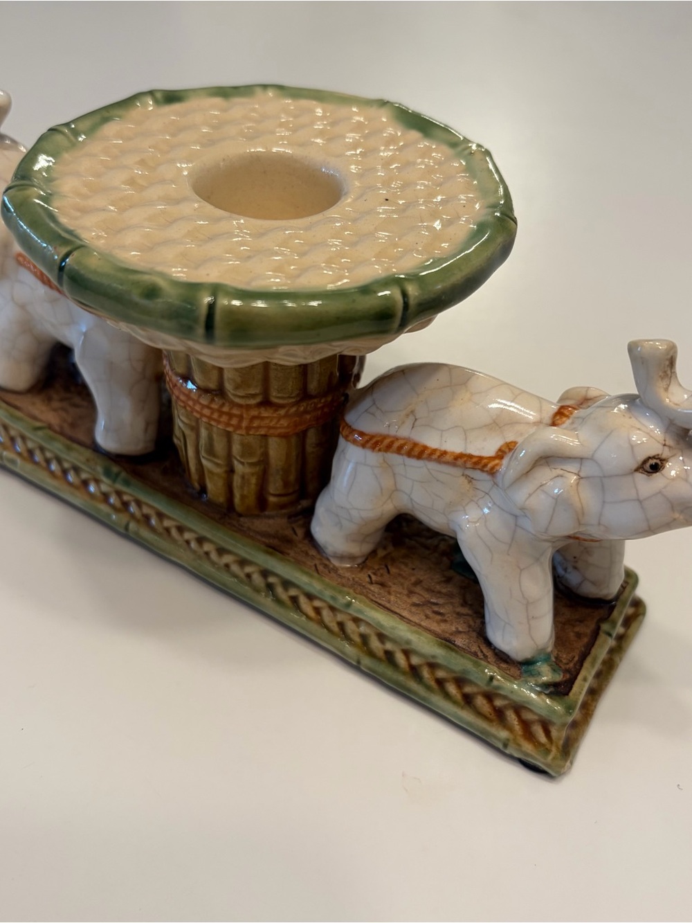 Vintage Handmade Ceramic Elephant Candle Holder Statue Hand Painted Signed